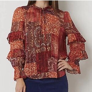 Frye and Co Patchwork Floral Combo Long Ruffled Sleeve Orange Blouse Top Size 3X